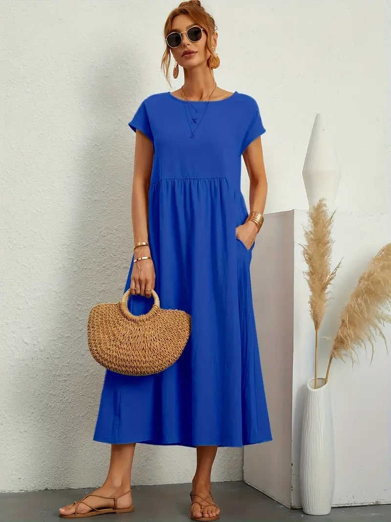 "Abito donna elegante in lino con tasche, colorato e versatile, per un look sofisticato e comodo in ogni stagione."