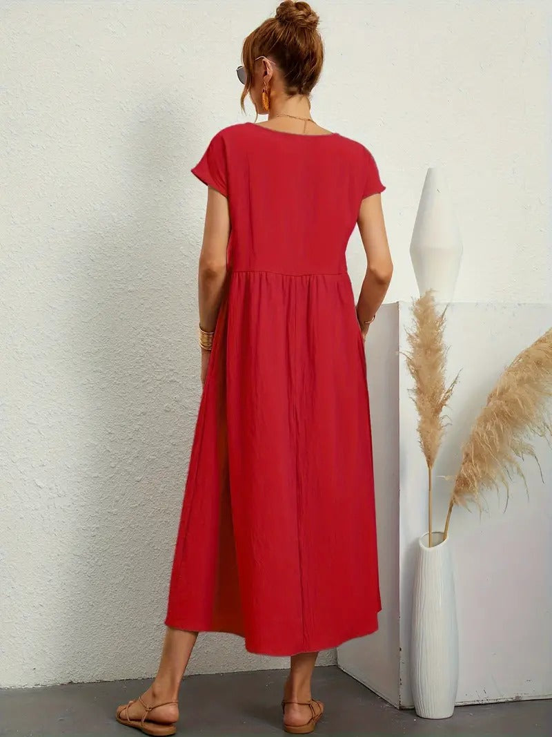 "Abito donna elegante in lino con tasche, colorato e versatile, per un look sofisticato e comodo in ogni stagione."