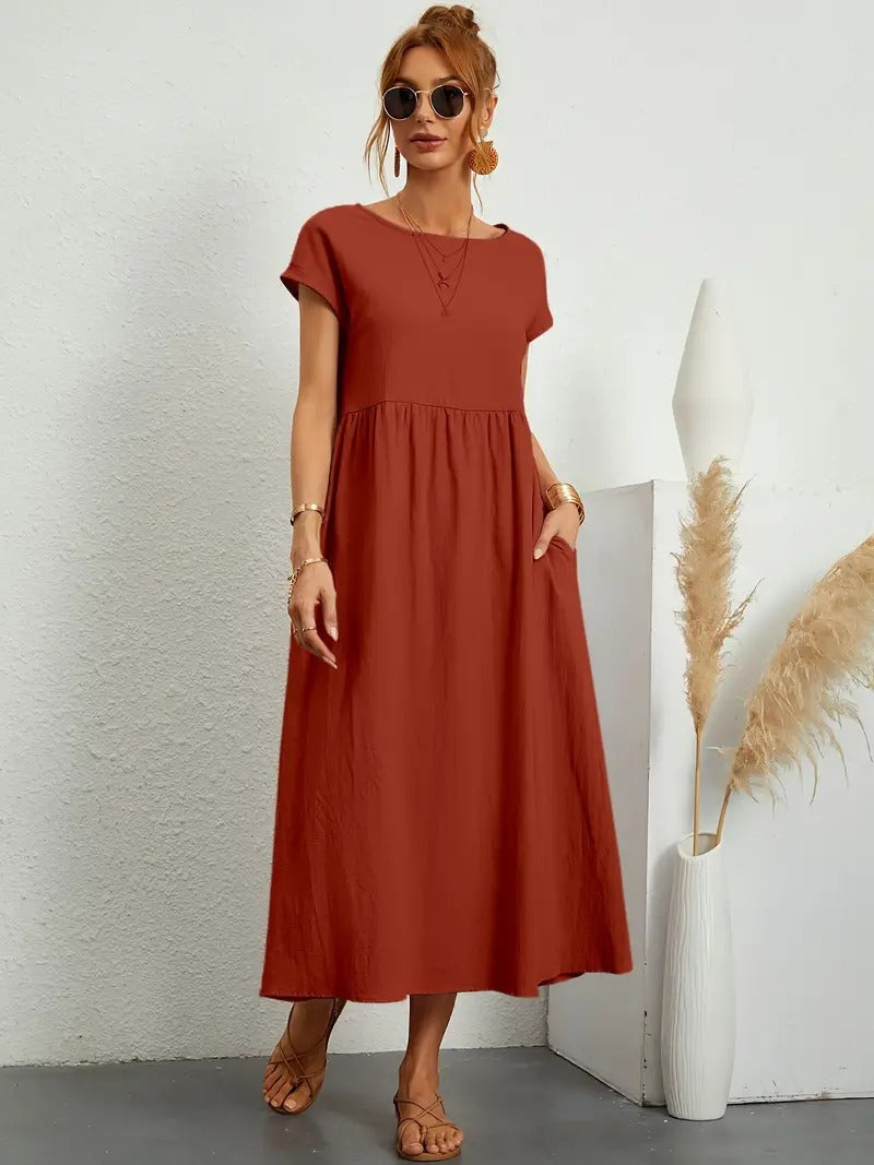 "Abito donna elegante in lino con tasche, colorato e versatile, per un look sofisticato e comodo in ogni stagione."
