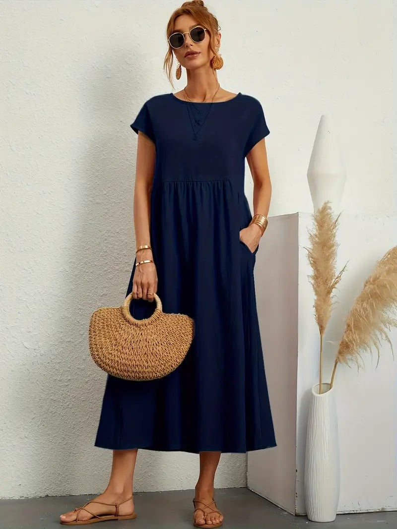 "Abito donna elegante in lino con tasche, colorato e versatile, per un look sofisticato e comodo in ogni stagione."