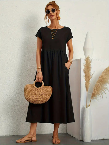 "Abito donna elegante in lino con tasche, colorato e versatile, per un look sofisticato e comodo in ogni stagione."