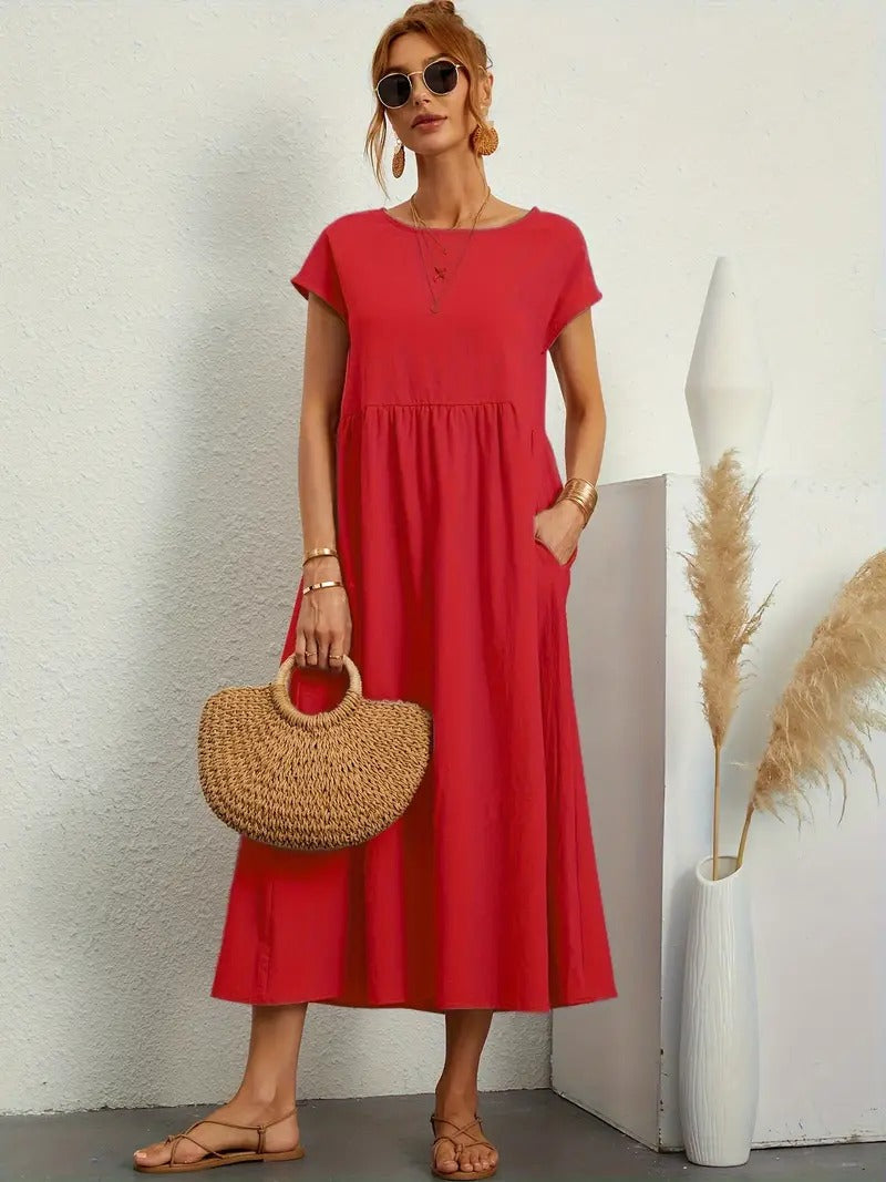 "Abito donna elegante in lino con tasche, colorato e versatile, per un look sofisticato e comodo in ogni stagione."