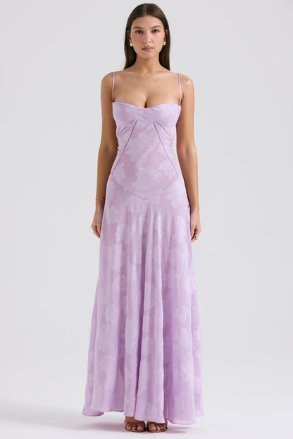 "Abito donna in pizzo lamé rosa semi-trasparente con motivi floreali e spalline rouleau, elegante per eventi glamour."