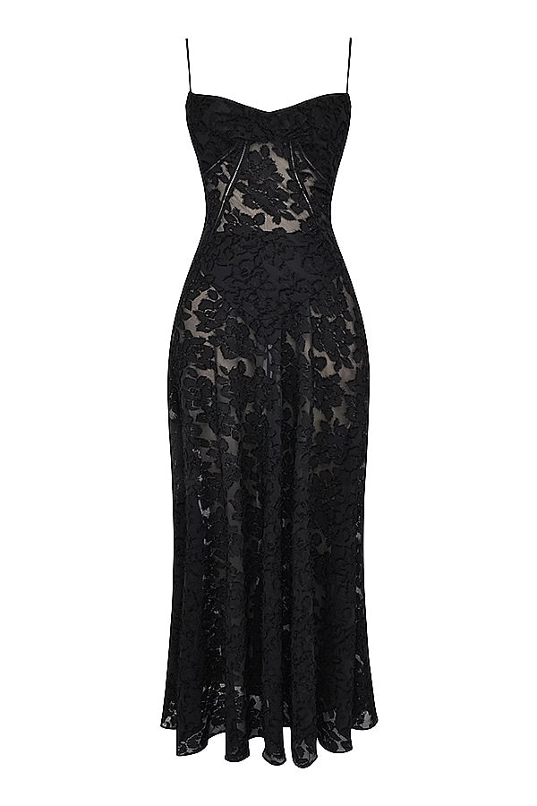 "Abito donna in pizzo lamé rosa semi-trasparente con motivi floreali e spalline rouleau, elegante per eventi glamour."