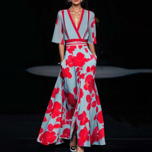 "Abito elegante donna in cotone blu con maniche lunghe, design raffinato per occasioni speciali, vestibilità comoda."