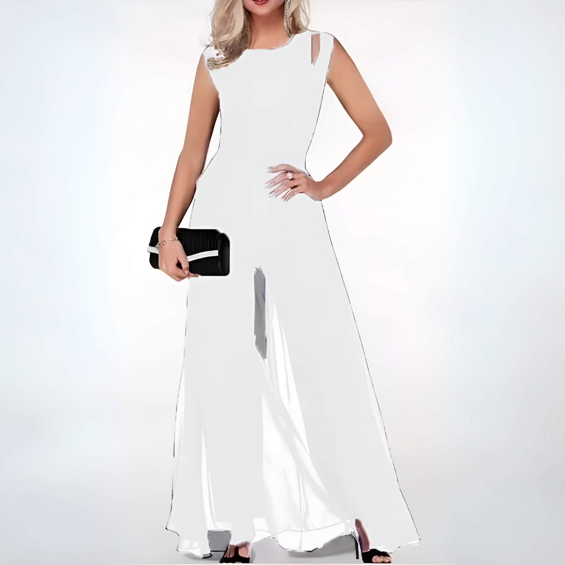 "Abito elegante donna neutro silhouette valorizzante, tessuto leggero, ideale per eventi speciali, look raffinato."