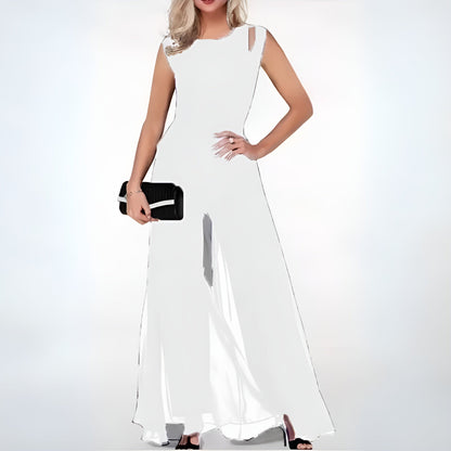 "Abito elegante donna neutro silhouette valorizzante, tessuto leggero, ideale per eventi speciali, look raffinato."