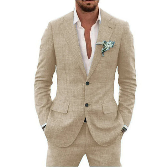 "Abito elegante uomo in misto lino beige, adatto per stagione calda, layout moderno e comfort traspirante"