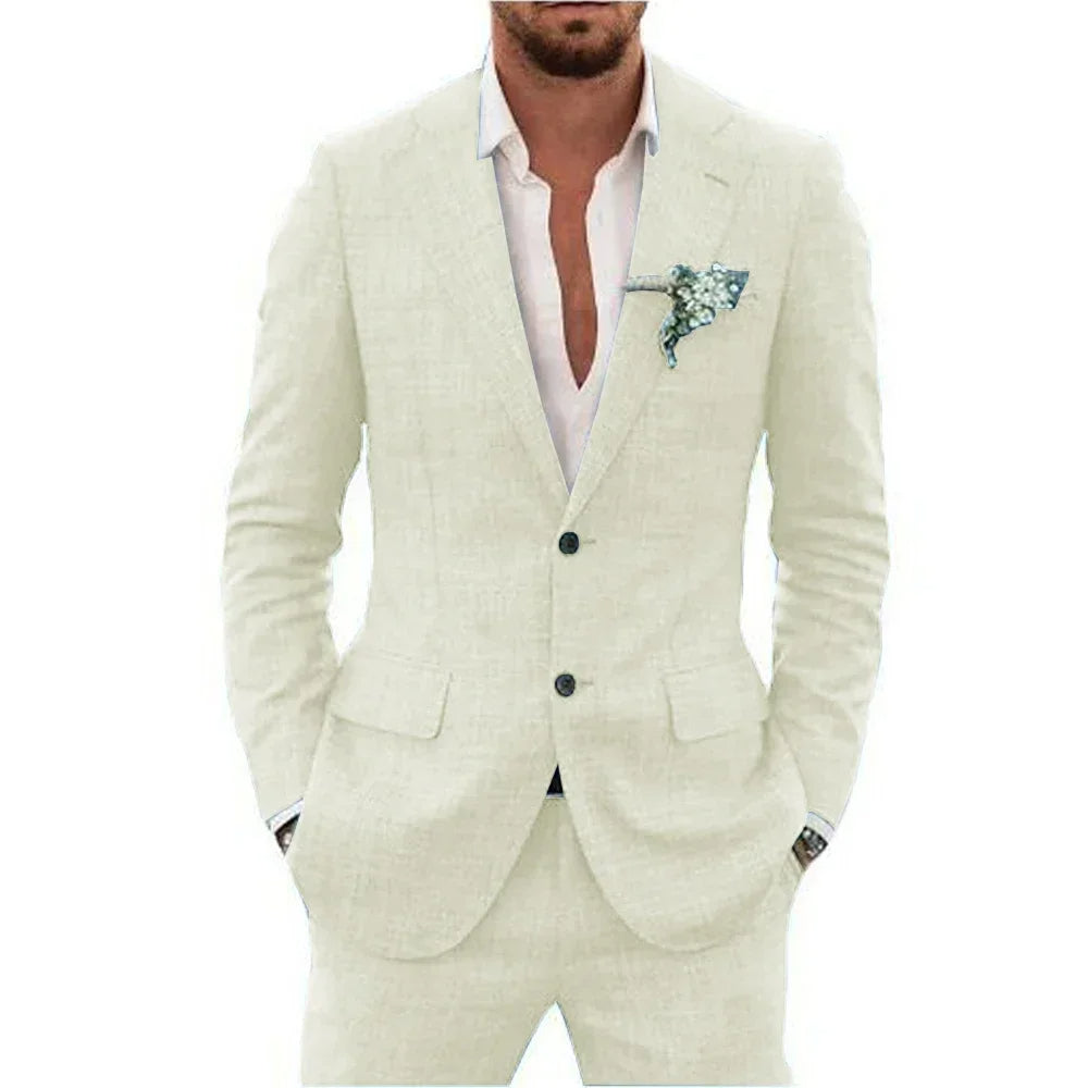 "Abito elegante uomo in misto lino beige, adatto per stagione calda, layout moderno e comfort traspirante"