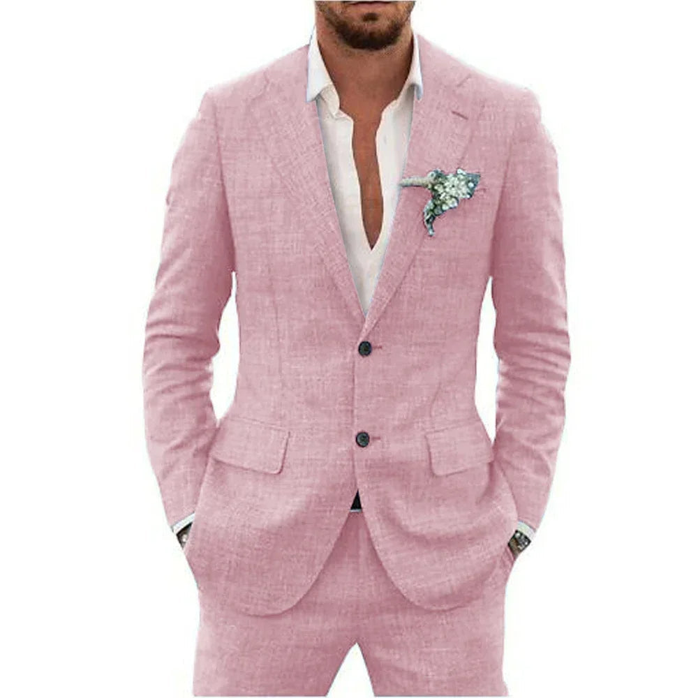 "Abito elegante uomo in misto lino beige, adatto per stagione calda, layout moderno e comfort traspirante"