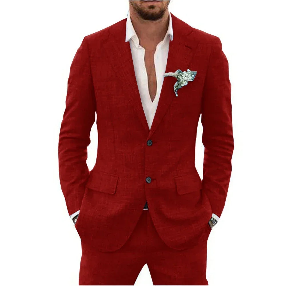"Abito elegante uomo in misto lino beige, adatto per stagione calda, layout moderno e comfort traspirante"