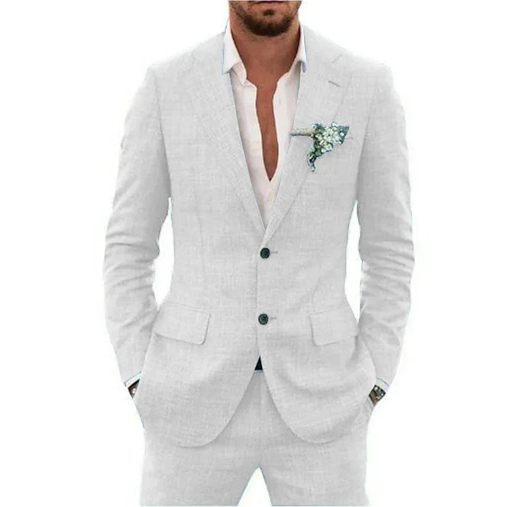 "Abito elegante uomo in misto lino beige, adatto per stagione calda, layout moderno e comfort traspirante"