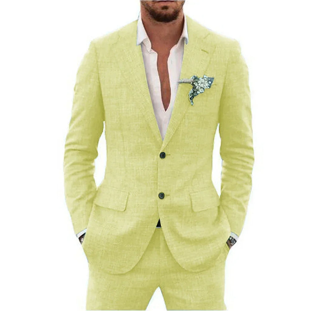 "Abito elegante uomo in misto lino beige, adatto per stagione calda, layout moderno e comfort traspirante"