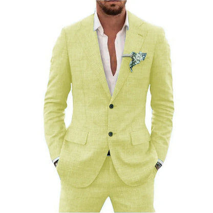 "Abito elegante uomo in misto lino beige, adatto per stagione calda, layout moderno e comfort traspirante"