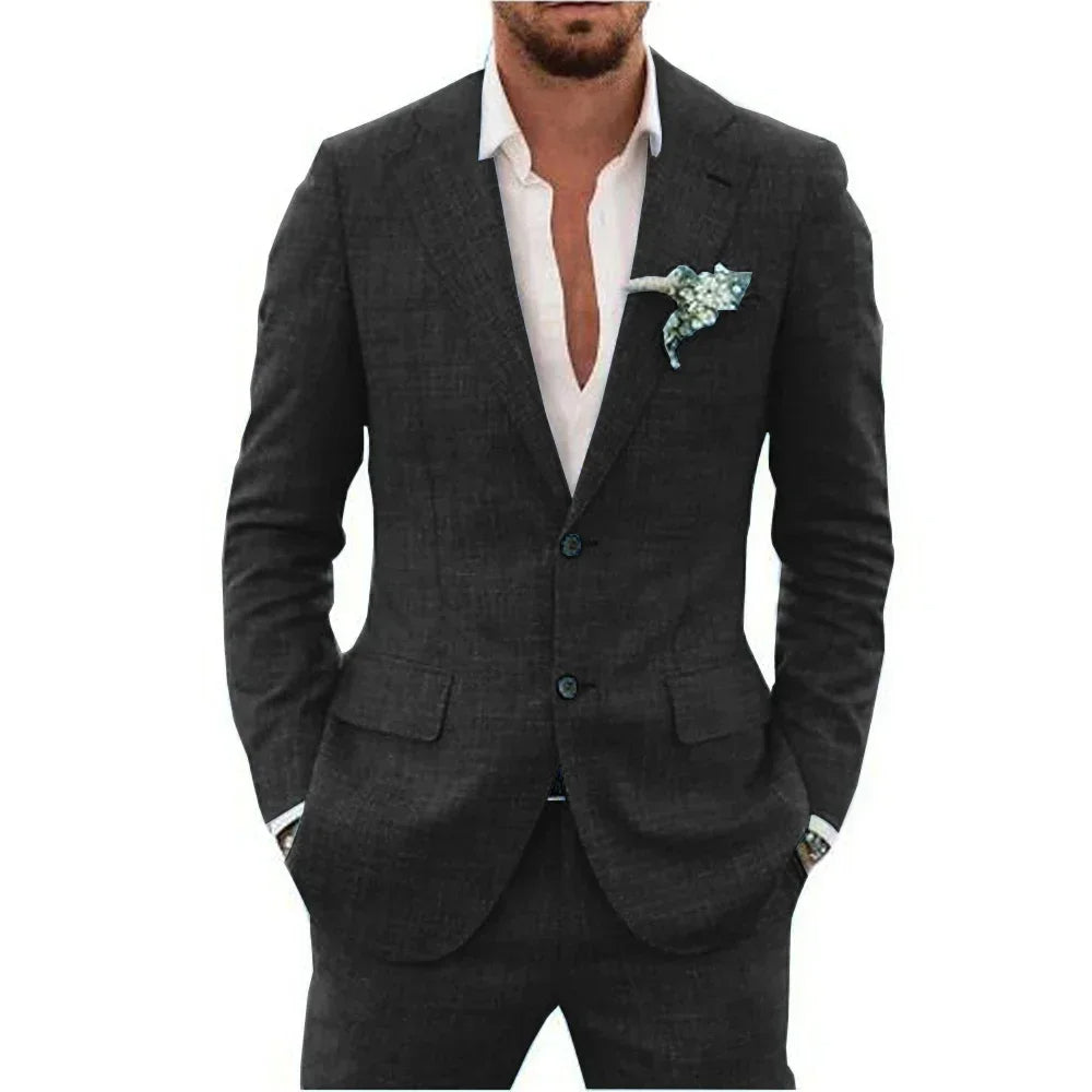 "Abito elegante uomo in misto lino beige, adatto per stagione calda, layout moderno e comfort traspirante"