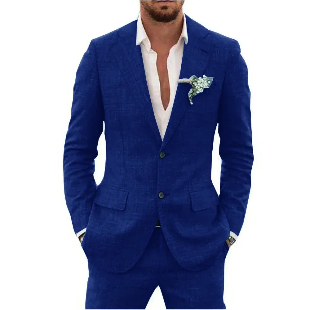 "Abito elegante uomo in misto lino beige, adatto per stagione calda, layout moderno e comfort traspirante"