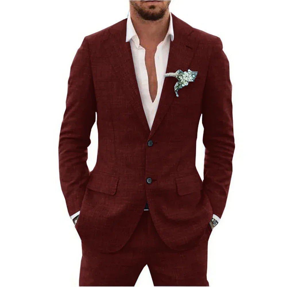 "Abito elegante uomo in misto lino beige, adatto per stagione calda, layout moderno e comfort traspirante"