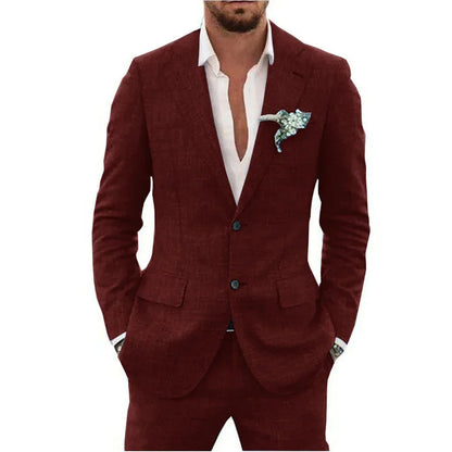 "Abito elegante uomo in misto lino beige, adatto per stagione calda, layout moderno e comfort traspirante"