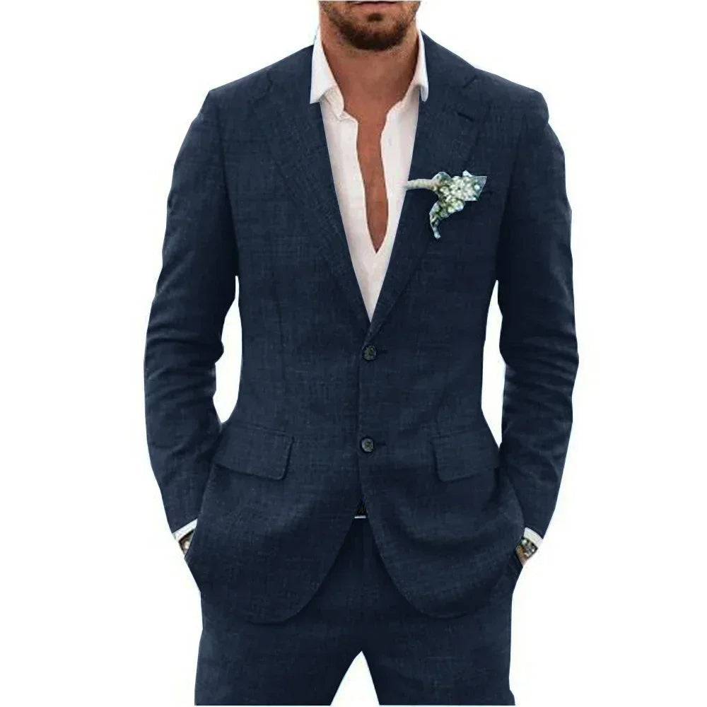 "Abito elegante uomo in misto lino beige, adatto per stagione calda, layout moderno e comfort traspirante"