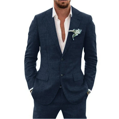 "Abito elegante uomo in misto lino beige, adatto per stagione calda, layout moderno e comfort traspirante"