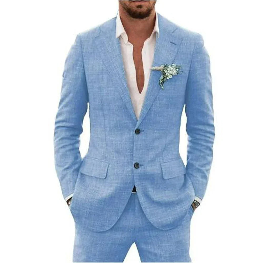 "Abito elegante uomo in misto lino beige, adatto per stagione calda, layout moderno e comfort traspirante"