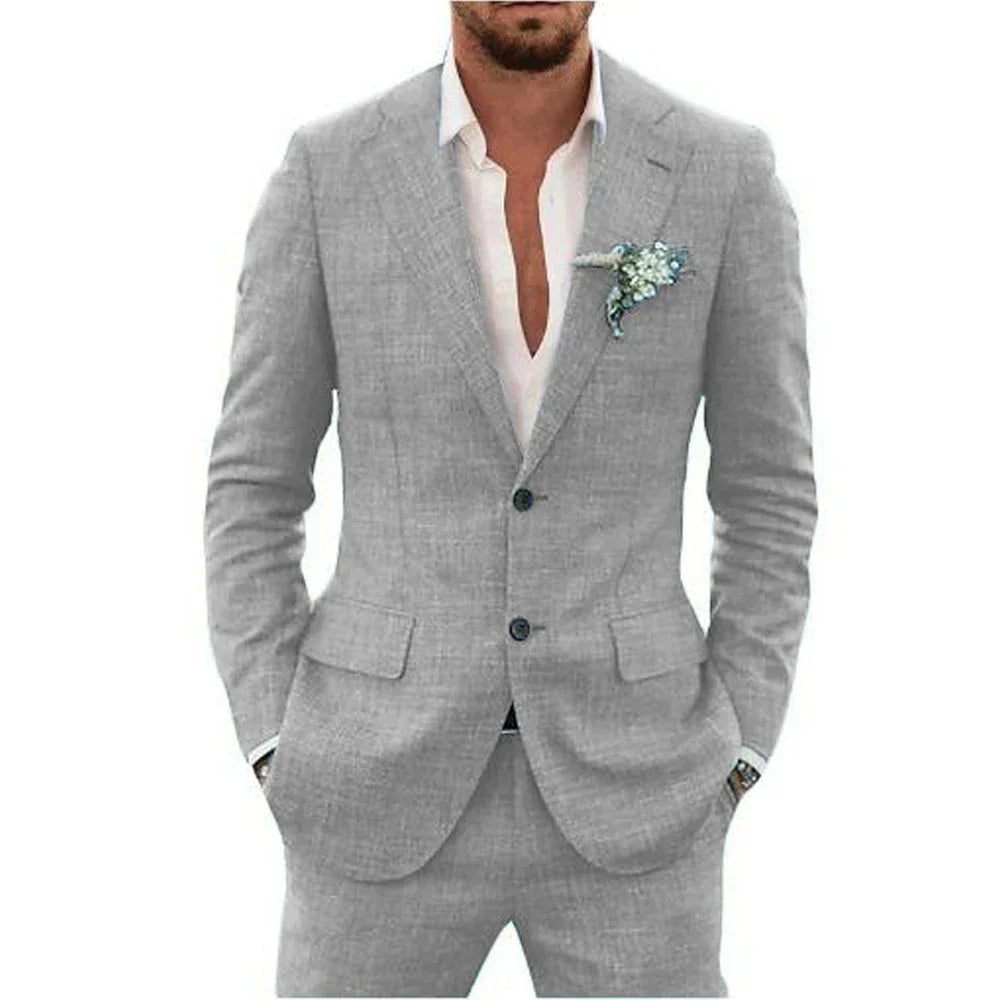 "Abito elegante uomo in misto lino beige, adatto per stagione calda, layout moderno e comfort traspirante"