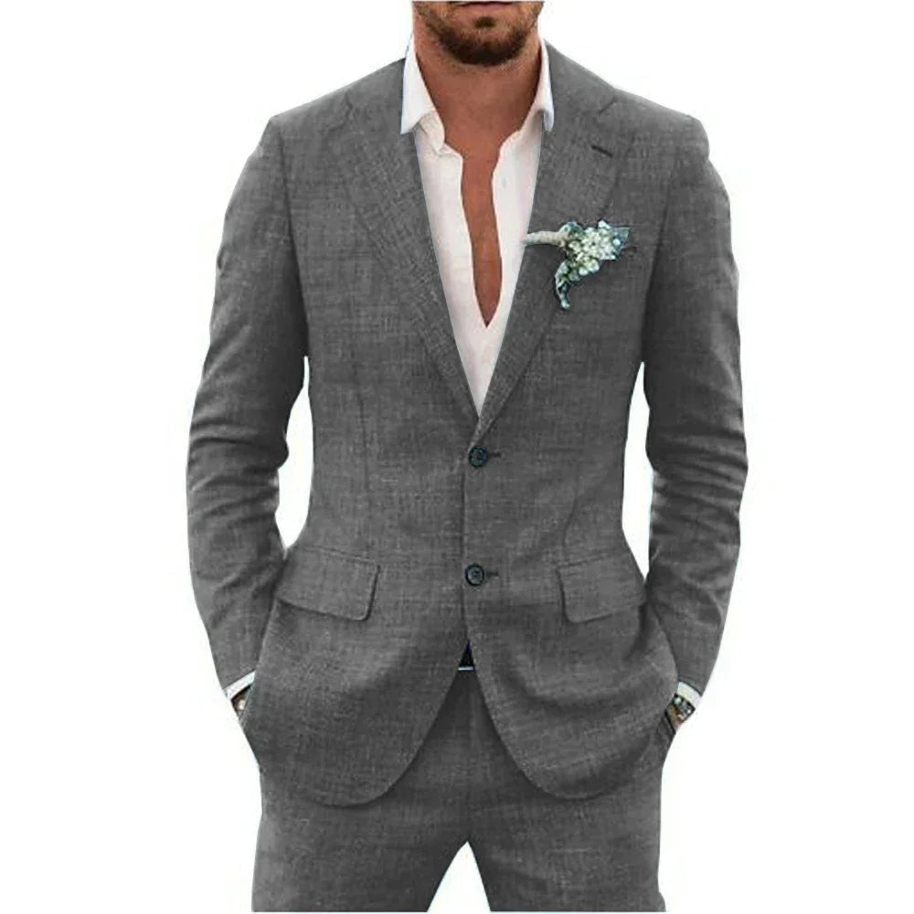 "Abito elegante uomo in misto lino beige, adatto per stagione calda, layout moderno e comfort traspirante"