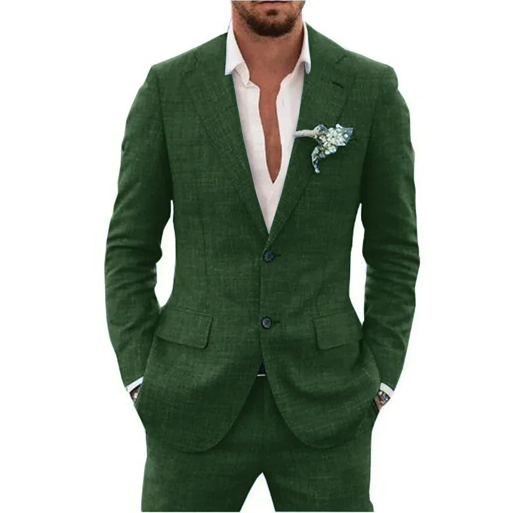 "Abito elegante uomo in misto lino beige, adatto per stagione calda, layout moderno e comfort traspirante"