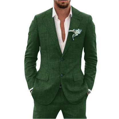 "Abito elegante uomo in misto lino beige, adatto per stagione calda, layout moderno e comfort traspirante"