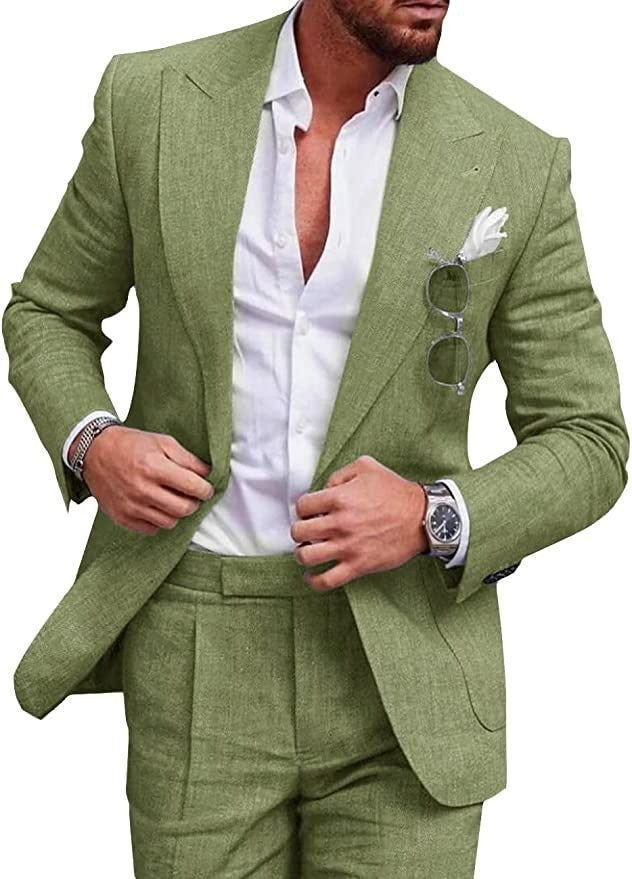 "Abito elegante uomo in misto lino beige, adatto per stagione calda, layout moderno e comfort traspirante"