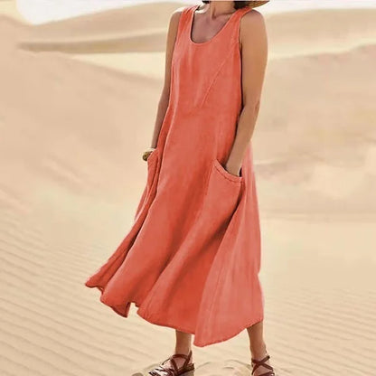 "Abito estivo in lino donna, design rilassato con tasche voluminose, perfetto per un look chic e confortevole."