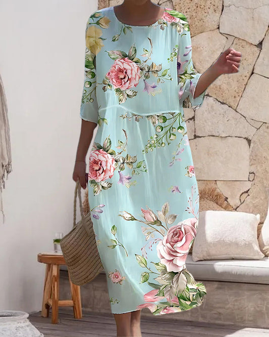 "Abito floreale elegante donna con motivo floreale avvolgente, copertura addominale, tessuto cotone, ideale per estate"