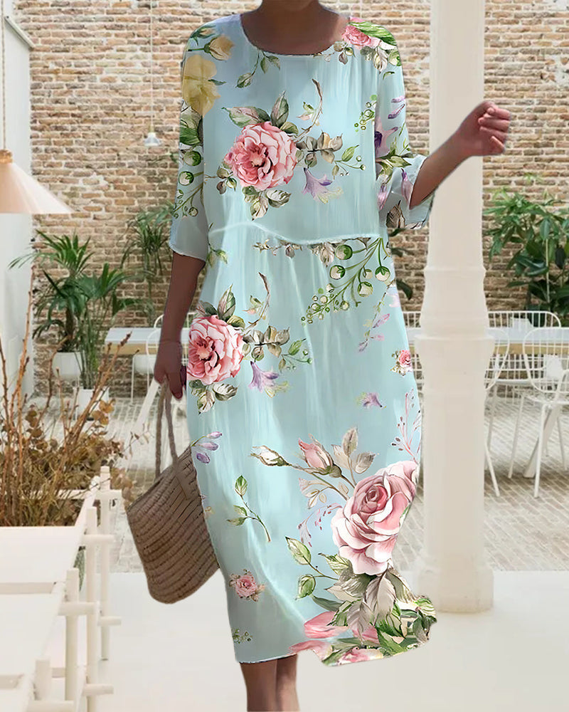 "Abito floreale elegante donna con motivo floreale avvolgente, copertura addominale, tessuto cotone, ideale per estate"