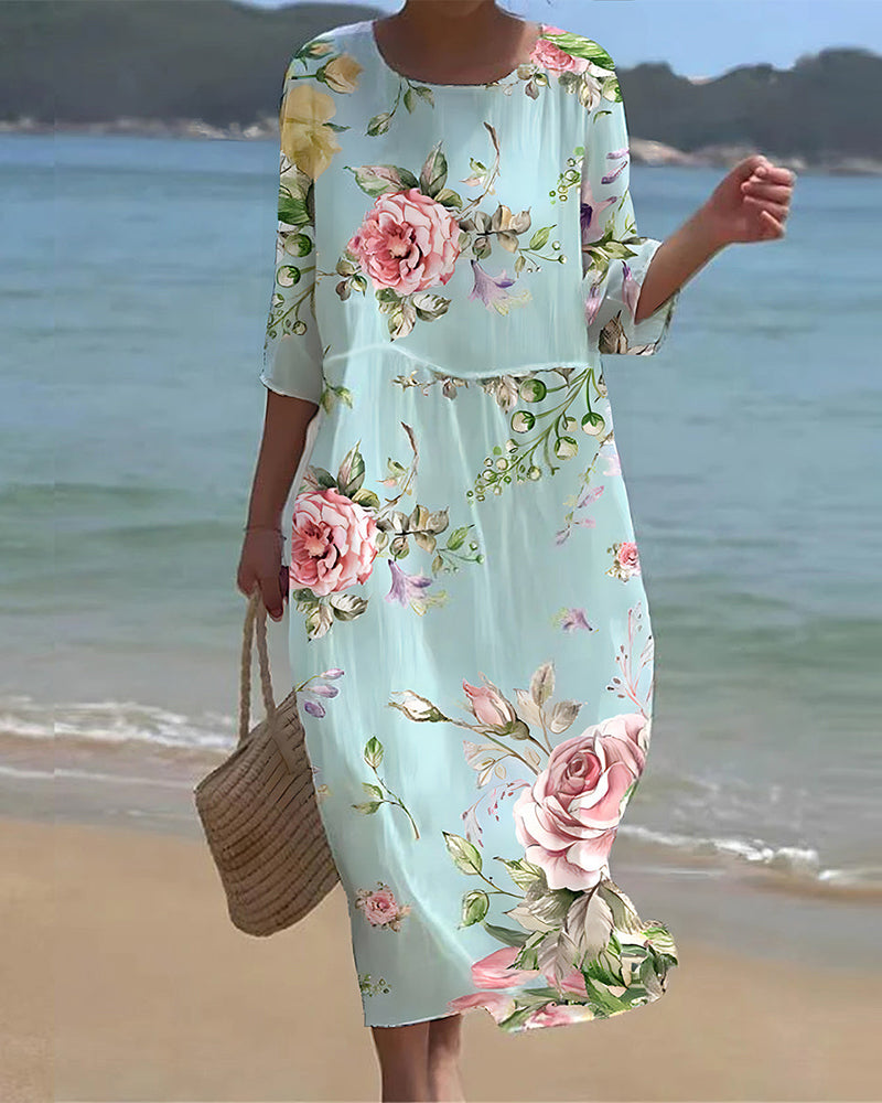 "Abito floreale elegante donna con motivo floreale avvolgente, copertura addominale, tessuto cotone, ideale per estate"