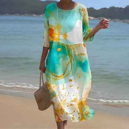 "Abito floreale elegante donna con motivo floreale avvolgente, copertura addominale, tessuto cotone, ideale per estate"