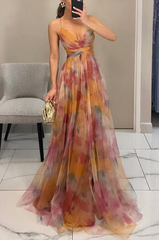 "Abito lungo donna floreale elegante, stampa delicata, silhouette fluida, ideale per eventi speciali. Vista frontale."