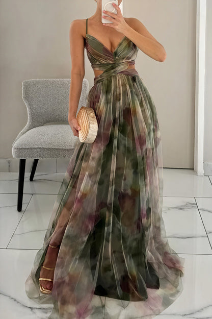 "Abito lungo donna floreale elegante, stampa delicata, silhouette fluida, ideale per eventi speciali. Vista frontale."