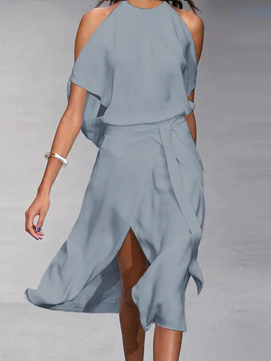 "Abito midi estivo donna, spalle scoperte, elegante, cotone elastan, perfetto per eventi, design fluido e sensuale."