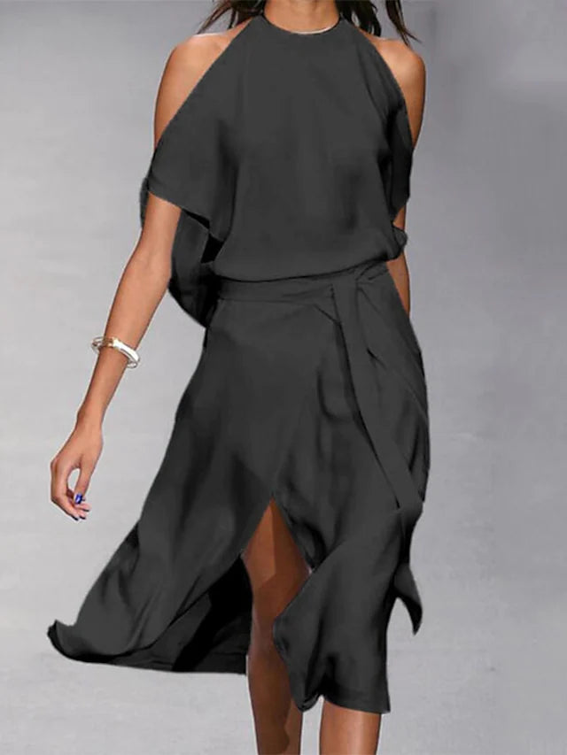 "Abito midi estivo donna, spalle scoperte, elegante, cotone elastan, perfetto per eventi, design fluido e sensuale."