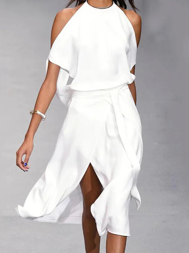 "Abito midi estivo donna, spalle scoperte, elegante, cotone elastan, perfetto per eventi, design fluido e sensuale."