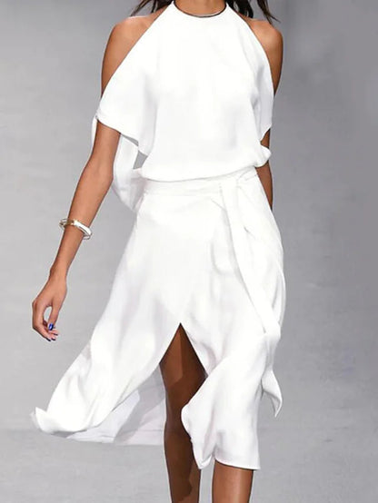 "Abito midi estivo donna, spalle scoperte, elegante, cotone elastan, perfetto per eventi, design fluido e sensuale."