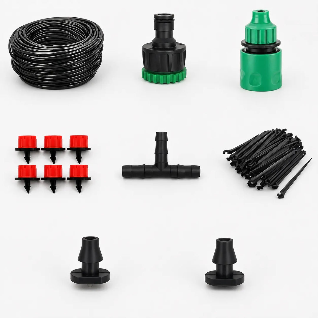 Close-up of adjustable micro irrigation dripper ideal for automatic watering systems in gardens & pots.