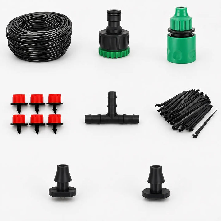 Close-up of adjustable micro irrigation dripper ideal for automatic watering systems in gardens & pots.