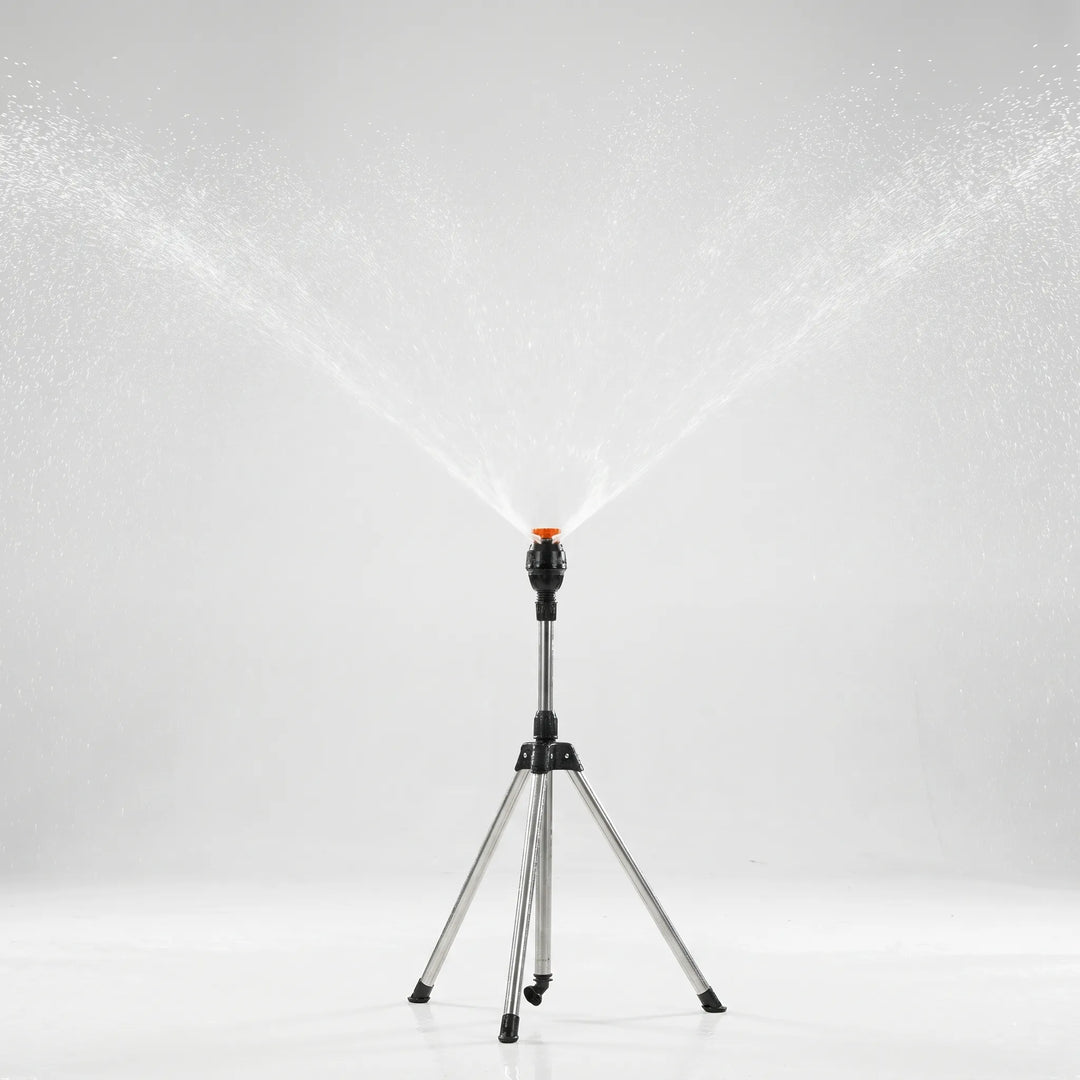 Telescopic adjustable tripod lawn sprinkler, perfect for versatile garden and yard watering needs.