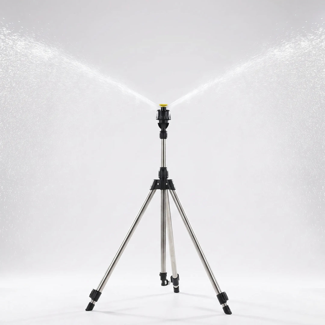 Tall adjustable tripod sprinkler providing even watering for large lawns & gardens. Ideal for yard care & outdoor cooling.