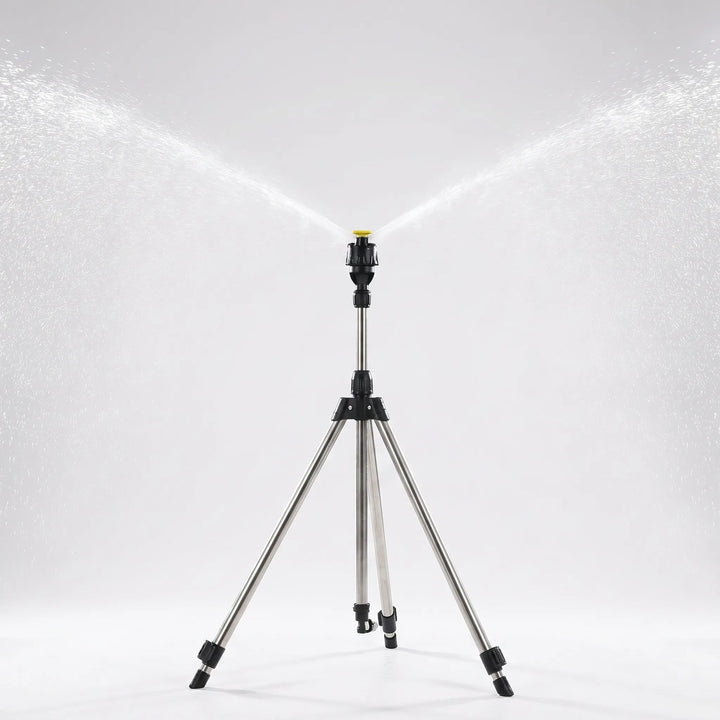 Tall adjustable tripod sprinkler providing even watering for large lawns & gardens. Ideal for yard care & outdoor cooling.