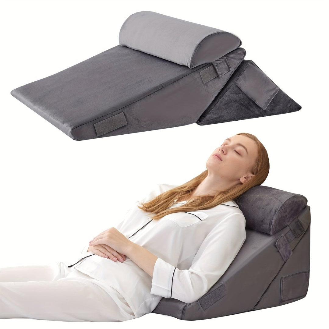 Therapeutic wedge pillow for full body comfort, relaxation, and improved posture. Ideal for back & leg elevation support.