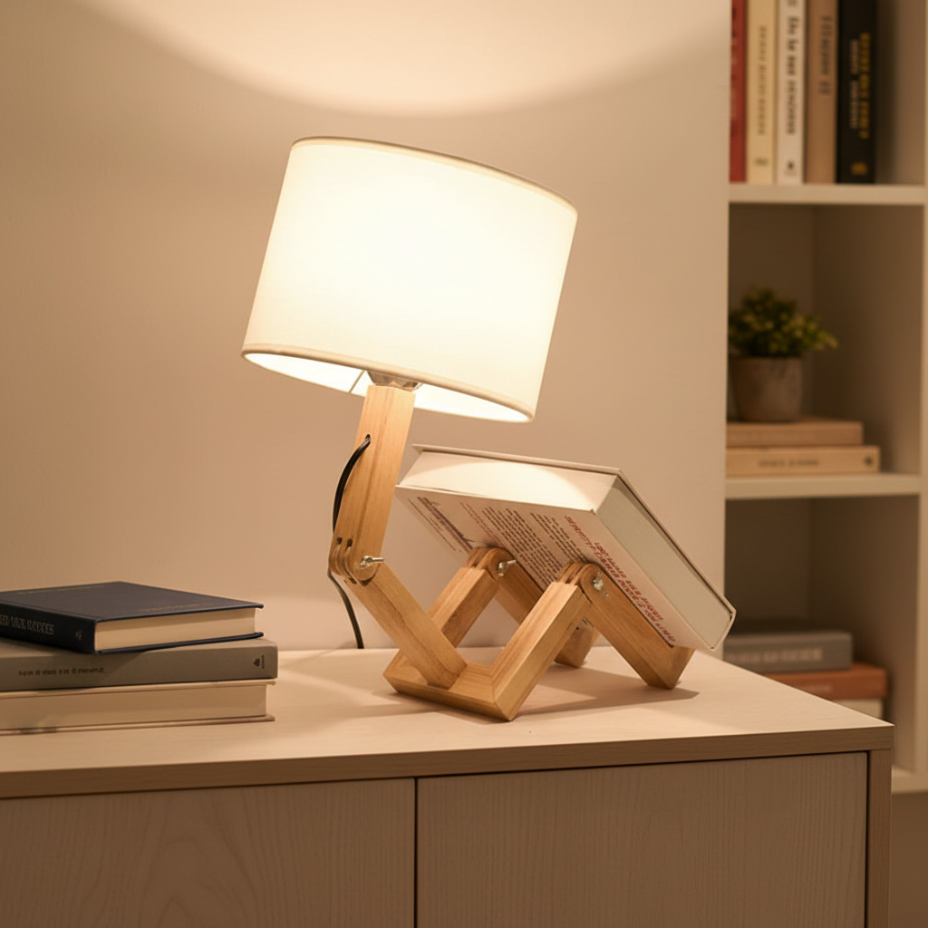 Adjustable wooden robot table lamp with fabric shade, perfect for desk lighting in a modern home.