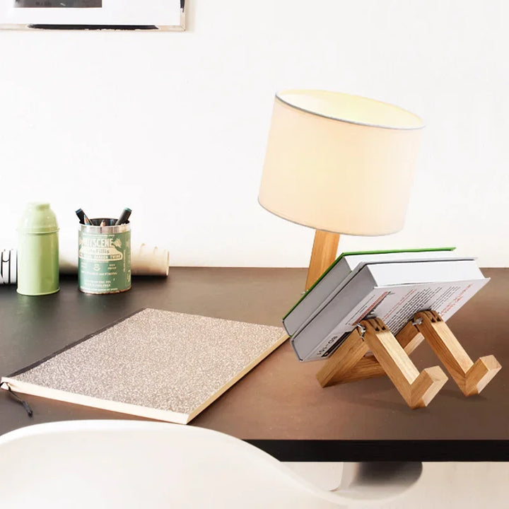 Decorative wooden robot lamp, adjustable for desk or bedside, enhancing modern home decor.