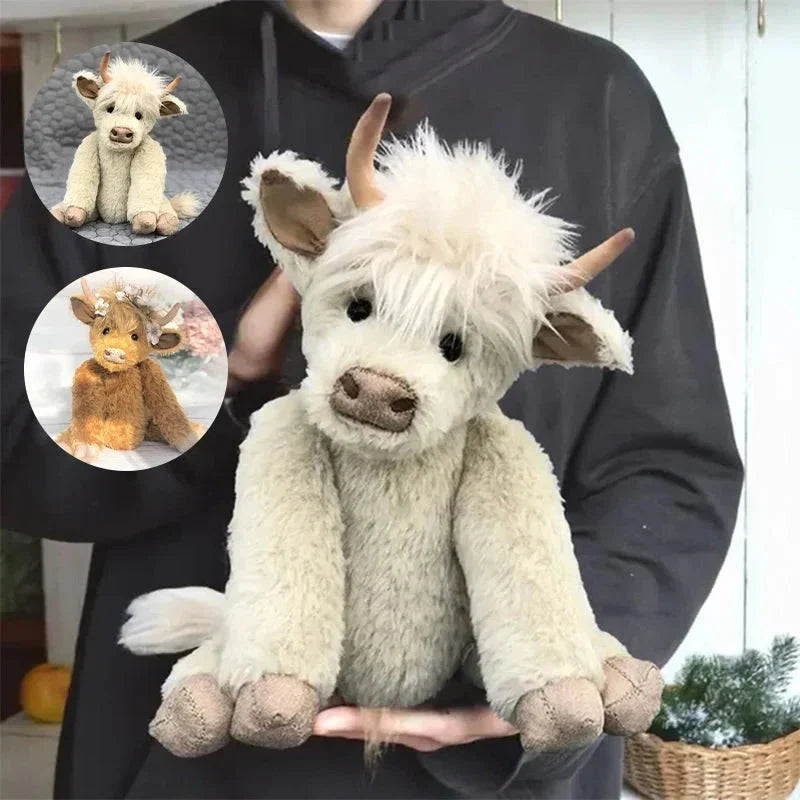 Collectible brown highland cow plush toy wearing an elegant floral crown, a unique present.